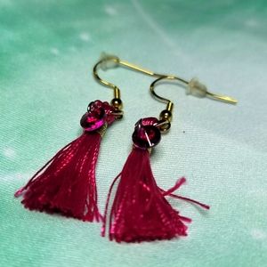 Dark Pink Tassels with Gem Earrings